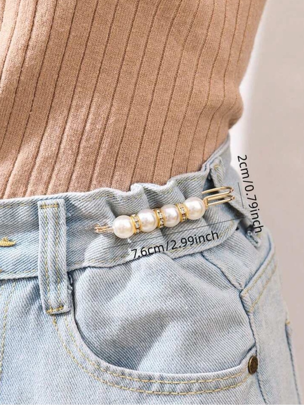 Gold Pearl Safety Pin Belt Charm Cream Pearls viral hack jeans accent - Picture 2 of 4